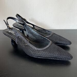 London Rag Black Lattice Mesh Pointed Toe Slingback Kitten Heels EU 40 / US 9